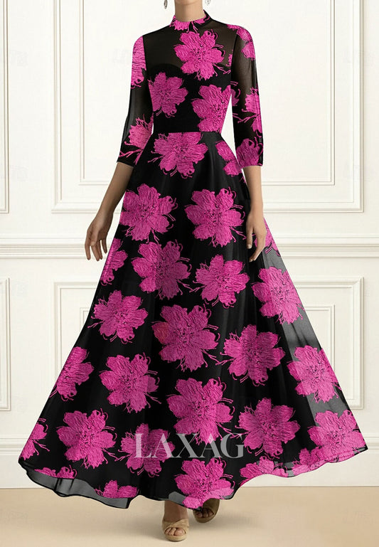High-Neck 3/4-Sleeves Formal Gowns Jacquard Tulle Floor-Length A-Line Evening Dress