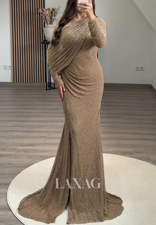 Long-Sleeves Asymmetrical-Neck Pleated Formal Gowns Fully Beaded Sweep Train Mermaid Evening Dress
