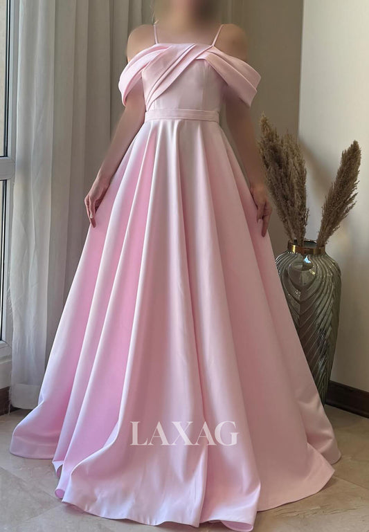 Bateau-Neck Spaghetti Straps Sleeveless Pleated Satin Floor-Length A-Line Party Prom Dress