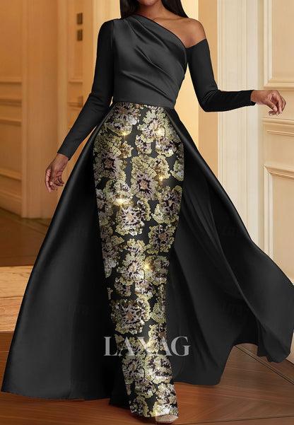 Asymmetrical-Neck Long-Sleeves Sequined Applique Satin Floor-Length Mermaid Evening Dress