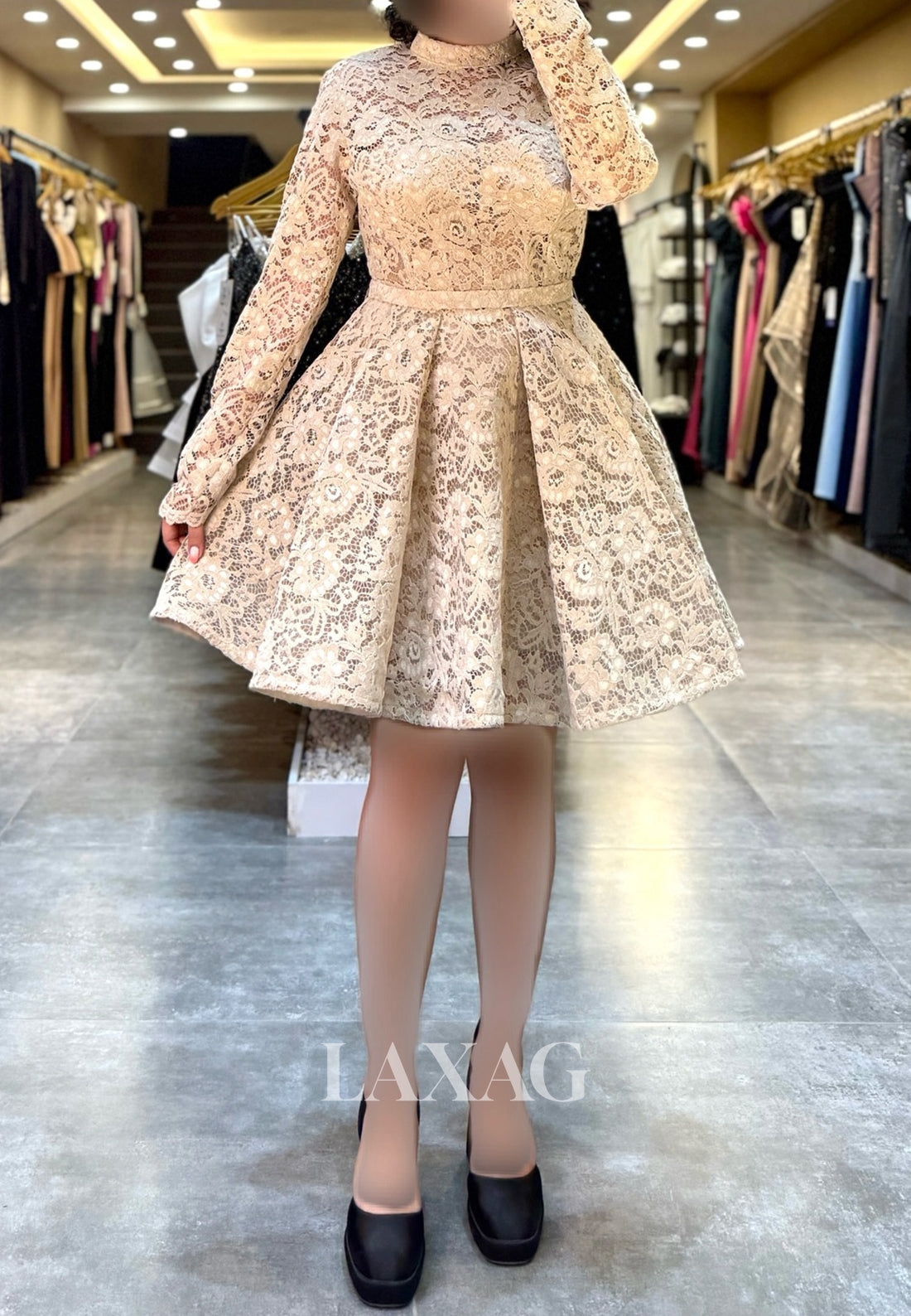 High-Neck Long-Sleeves Allover Lace Pleated Party Short A-Line Party Homecoming Dress