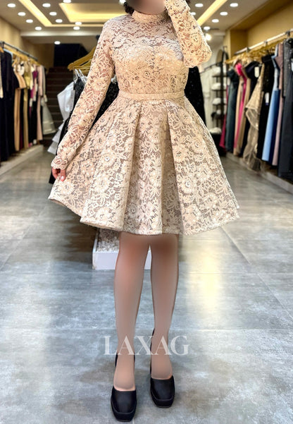 High-Neck Long-Sleeves Allover Lace Pleated Party Short A-Line Party Homecoming Dress