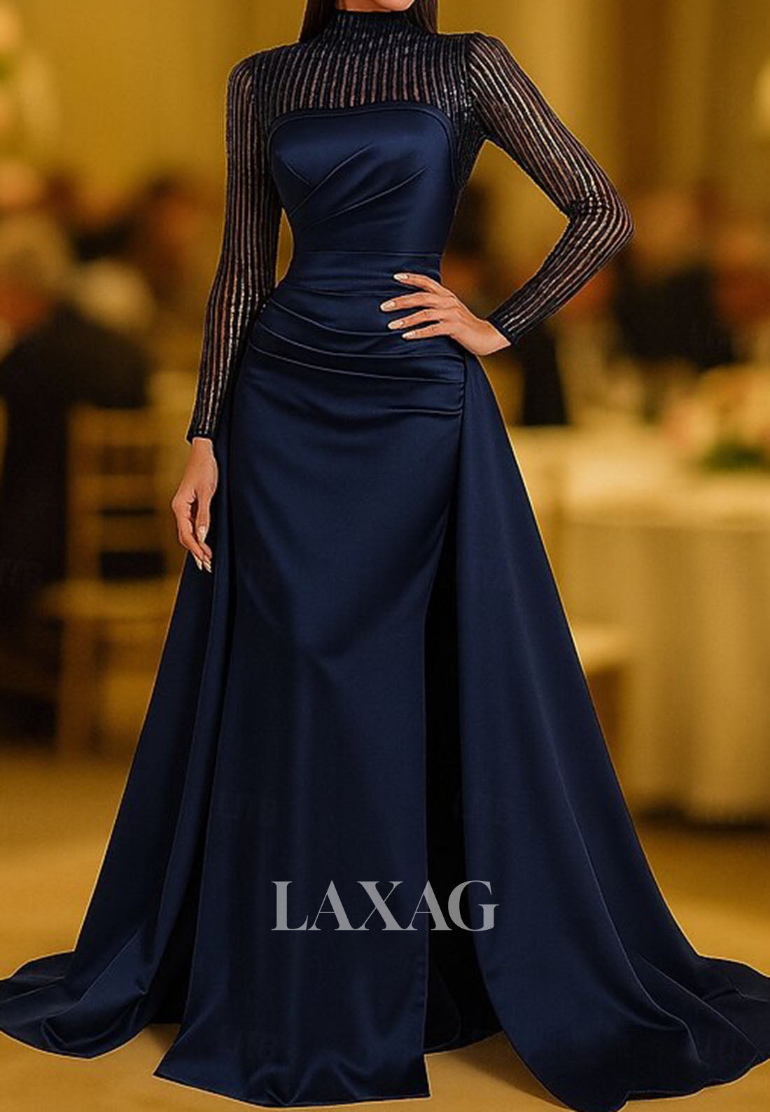 High-Neck Long-Sleeves Formal Gowns Sequined Satin Pleated Mermaid Formal Evening Dress