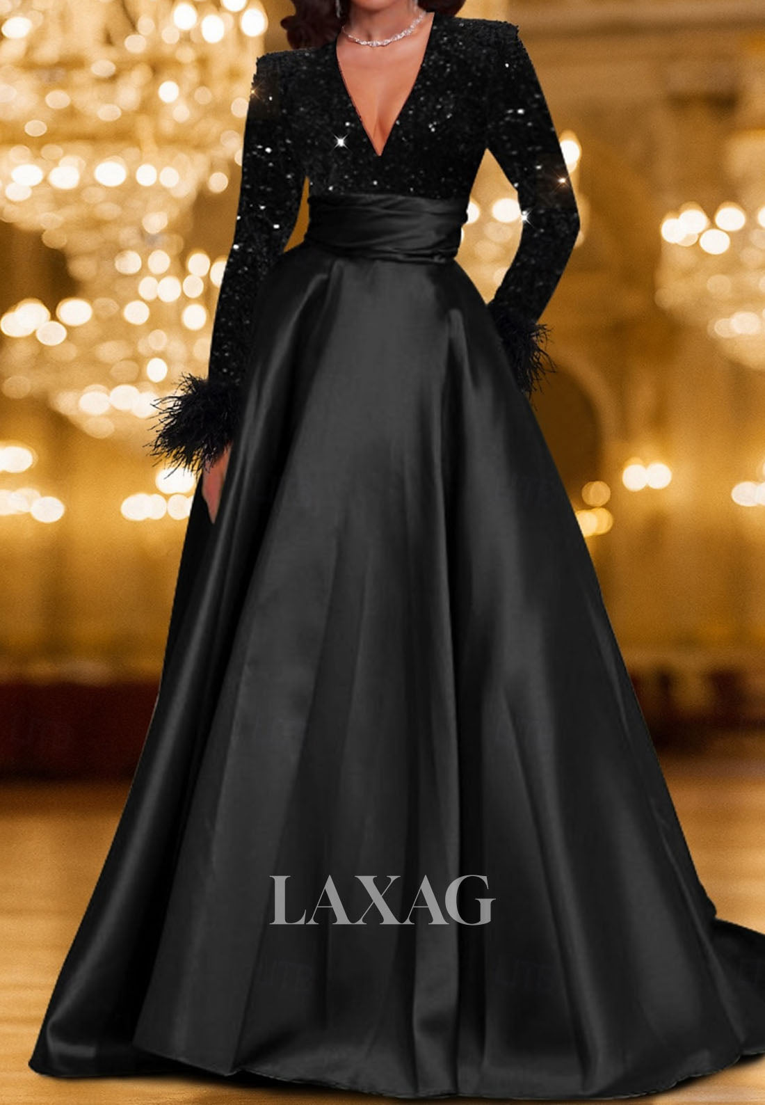 Deep V-Neck Floor-Length A-Line Evening Dress Long-Sleeves Feathered Sequined Satin Formal Gowns