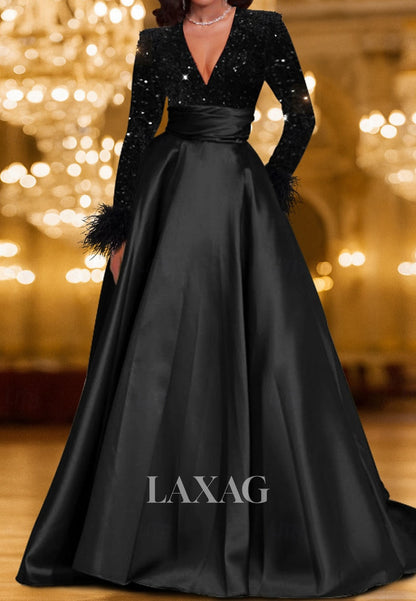 Deep V-Neck Floor-Length A-Line Evening Dress Long-Sleeves Feathered Sequined Satin Formal Gowns