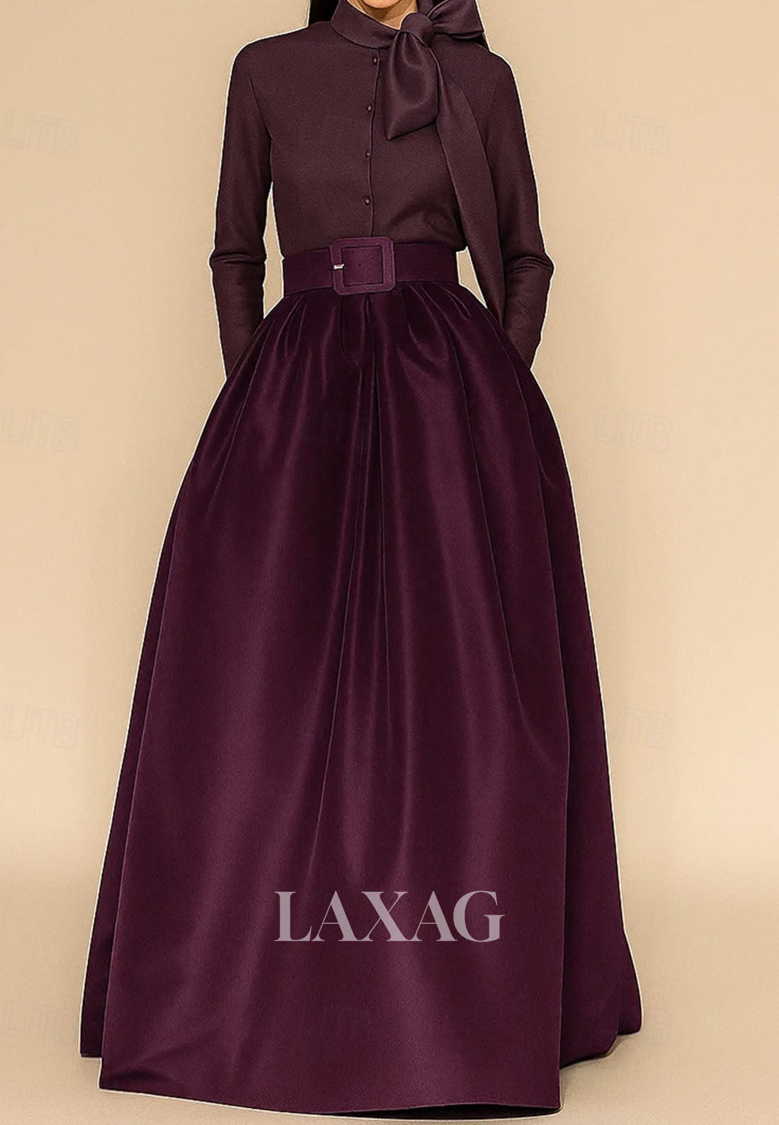 Collared Long-Sleeves Satin Pleated A-Line Evening Dress Floor-Length Formal Gowns