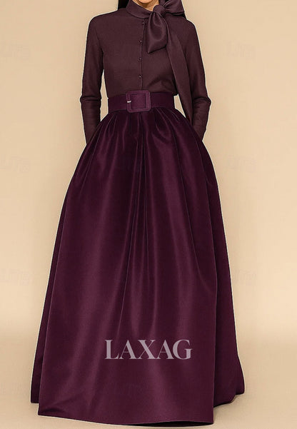 Collared Long-Sleeves Satin Pleated A-Line Evening Dress Floor-Length Formal Gowns