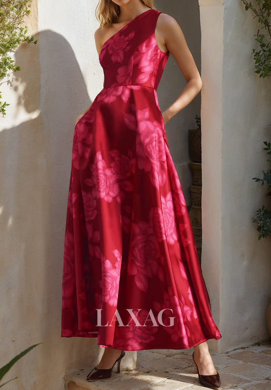 Asymmetrical-Neck One-Strap Sleeveless Print-Satin Ankle-Length A-Line Mother of the Bride Dress