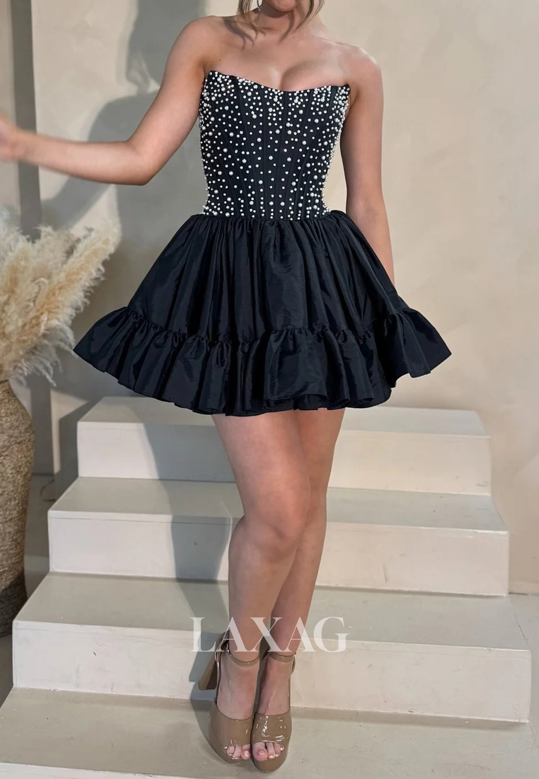 V-Neck Off-Shoulder Sleeveless Beaded Pleated Satin Short A-Line Party Homecoming Dress