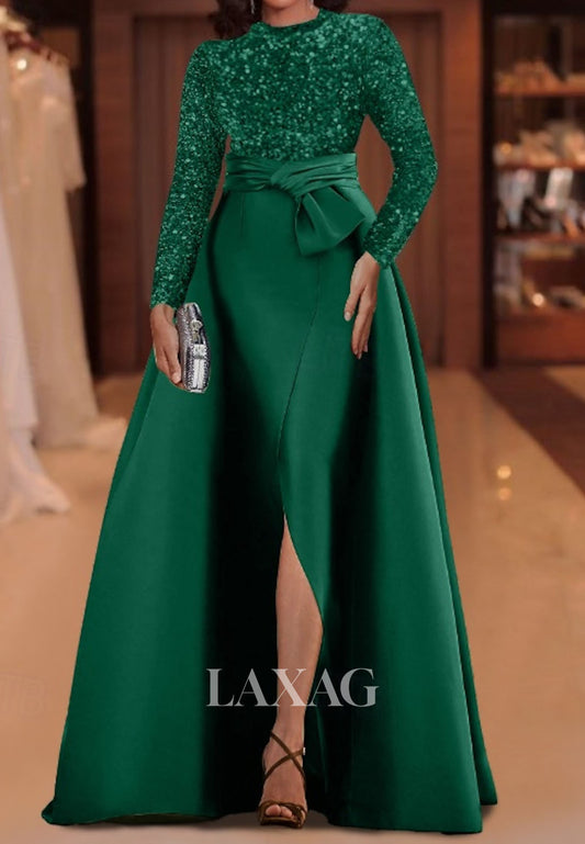 Scoop-Neck Long-Sleeves Floor-Length Formal Gowns Sequined Satin Pleated A-Line Evening Dress