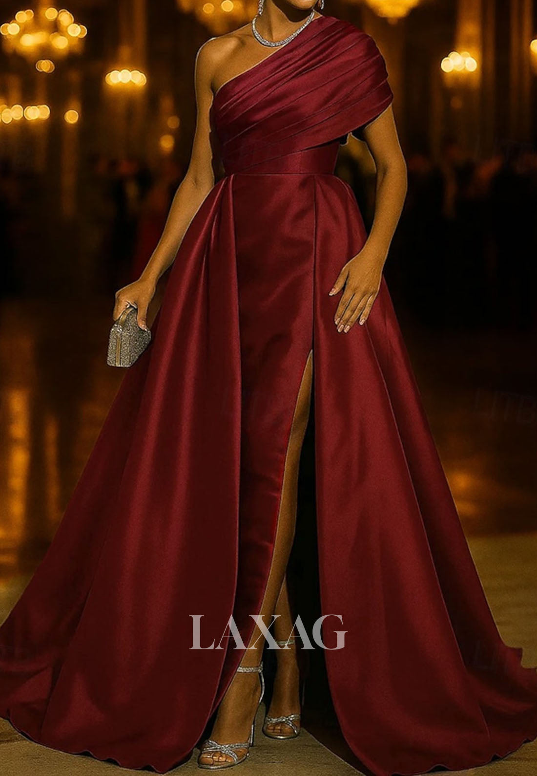 Asymmetrical-Neck Pleated Satin A-Line Evening Dress Sleeveless High Slit Formal Gowns