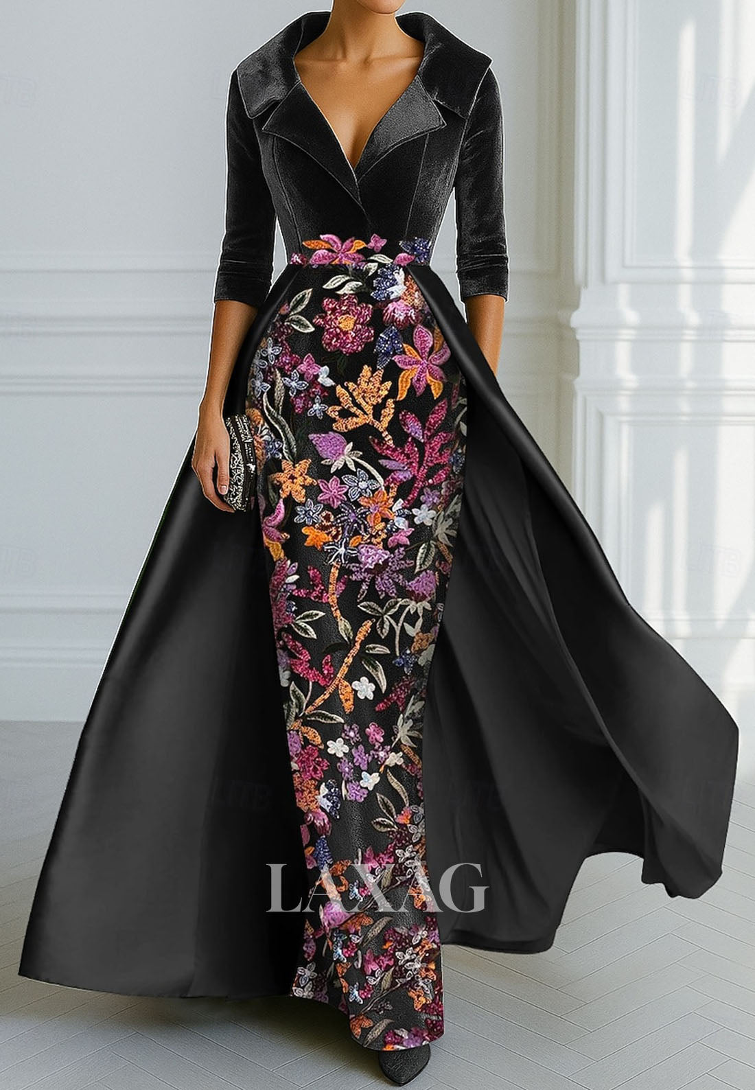 Floor-Length Sequined Applique Velvet Mermaid Evening Dress V-Neck Collared 3/4-Sleeves Formal Gowns