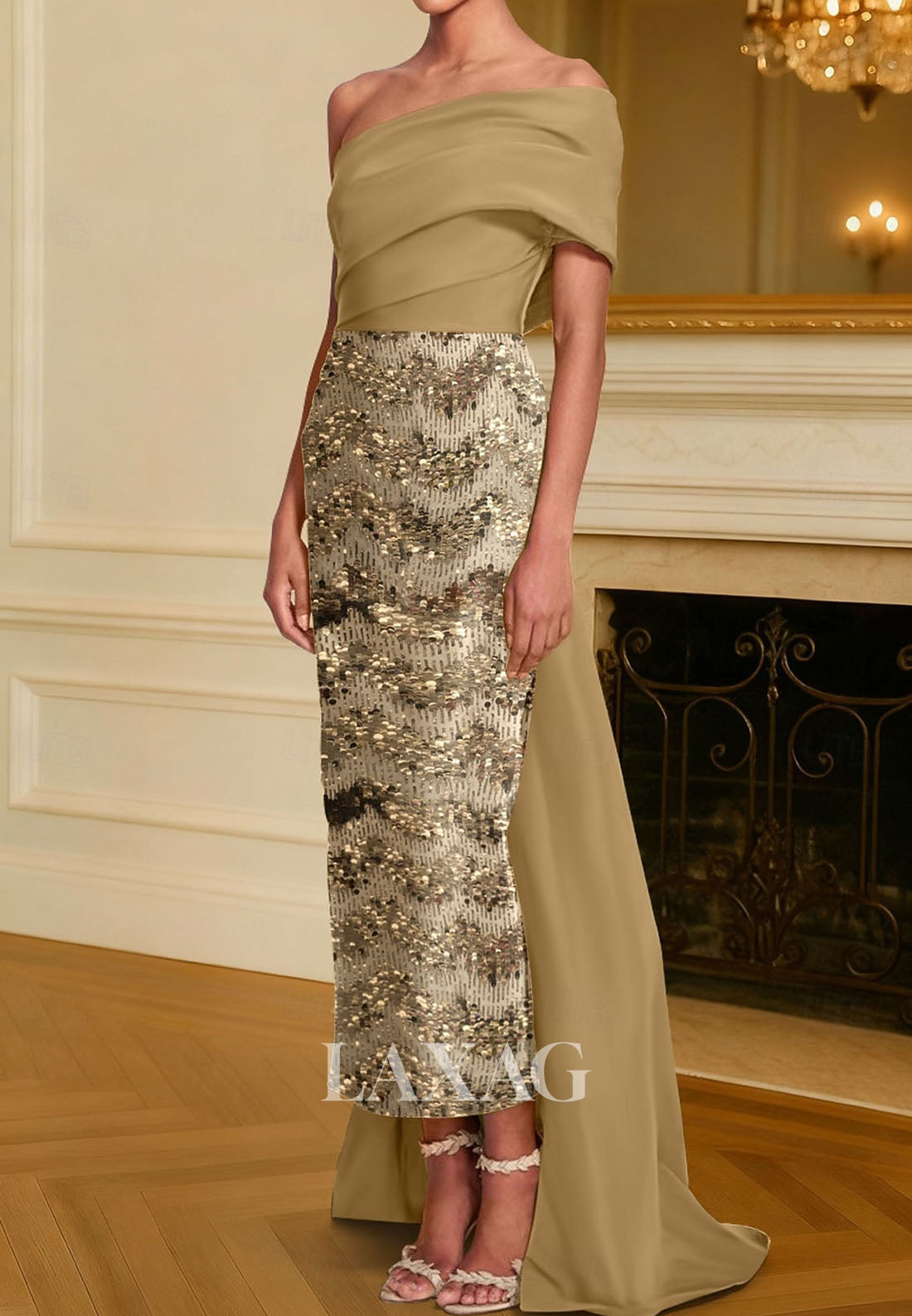 Asymmetrical-Neck Sequined Applique Mermaid Evening Dress Off-Shoulder Pleated Satin Formal Gowns