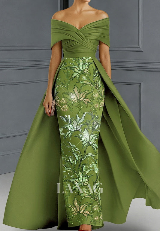Floor-Length 3D-Floral Sequined Satin Pleated Formal Mother of the Bride Dress with Overskirt