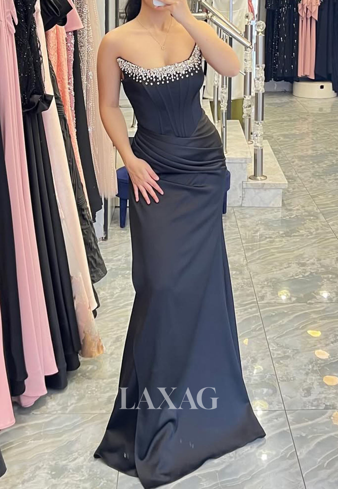 Scoop-Neck Off-Shoulder Sleeveless Formal Gowns  Floor-Length Beaded Satin Mermaid Evening Dress