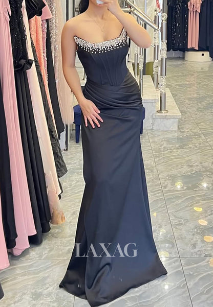 Scoop-Neck Off-Shoulder Sleeveless Formal Gowns  Floor-Length Beaded Satin Mermaid Evening Dress