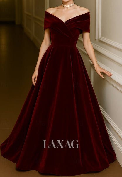 Off-Shoulder V-Neck Sleeveless Velvet Pleated Floor-Length Simple A-Line Evening Dress