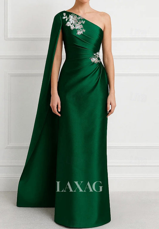 Asymmetrical-Neck Sleeveless Sequined Applique Satin Pleated Mermaid Mother of the Bride Dress