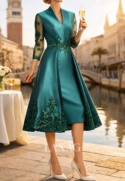 V-Neck 3/4-Sleeves Sequined Applique Tulle&Satin Tea-Length A-Line Mother of the Bride Dress