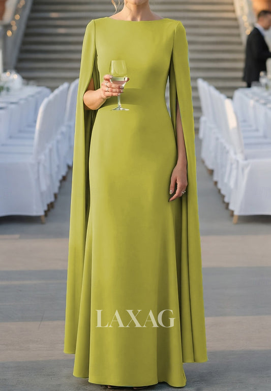 Scoop-Neck Cape-Sleeves Satin Floor-Length Simple Mermaid Formal Mother of the Bride Dress