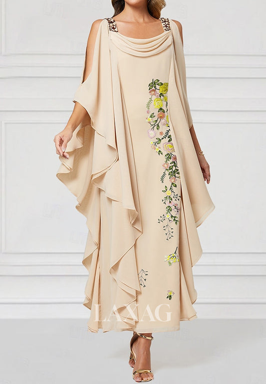 Bateau-Neck Straps Ankle-Length Embroidered Chiffon Pleated Fitted Mother of the Bride Dress