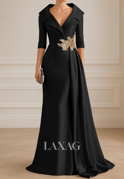 V-Neck Collared 3/4-Sleeves Formal Gowns Floor-Length Sequined Applique Satin Fitted Evening Dress