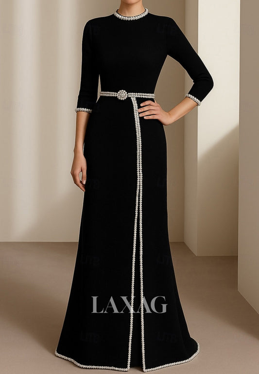 Scoop-Neck 3/4-Sleeves Floor-Length Pearls Satin Mermaid Mother of the Bride Dress with High Slit