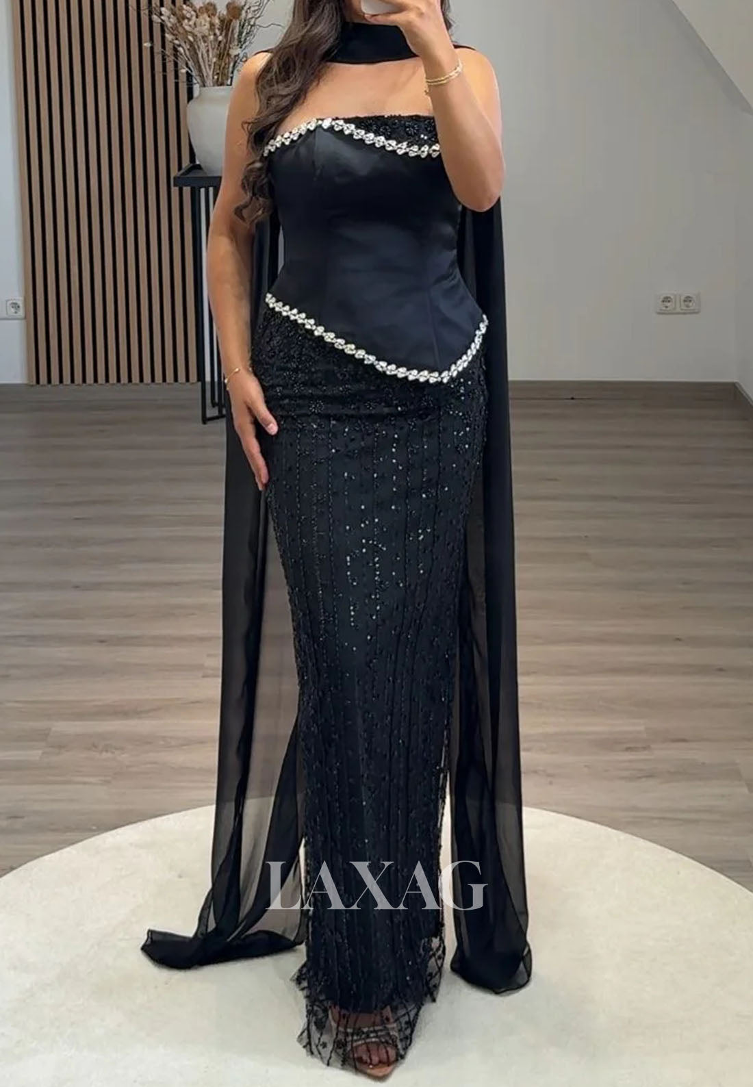 Off-Shoulder Tube Top Sleeveless Rhinestone Sequined Floor-Length Mermaid Evening Dress