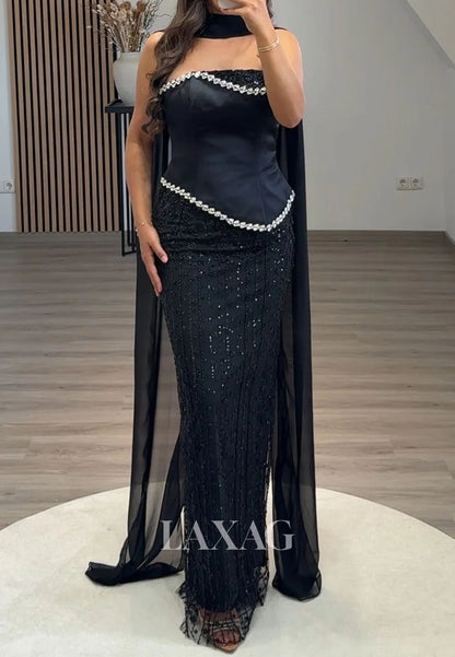 Off-Shoulder Tube Top Sleeveless Rhinestone Sequined Floor-Length Mermaid Evening Dress
