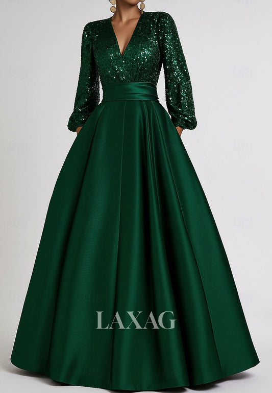V-Neck Long-Sleeves Sequined Satin Pleated Floor-Length Simple Long A-Line Evening Dress