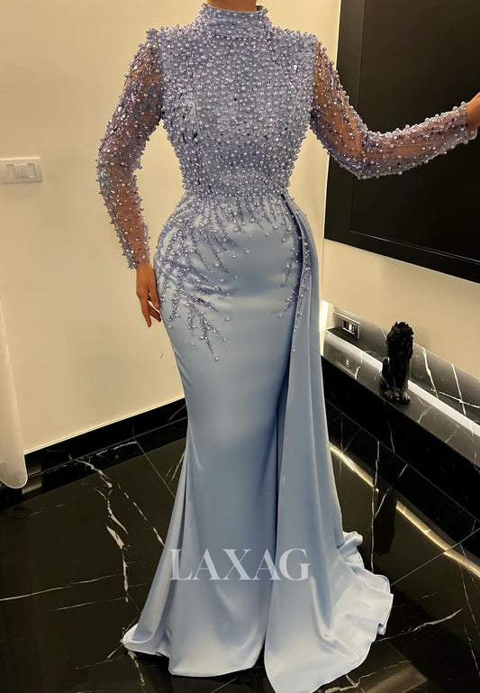 High-Neck Long-Sleeves Mermaid Evening Dress Beaded Sequined Pearls Floor-Length Formal Gowns