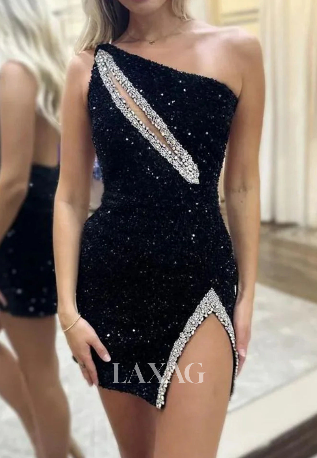Asymmetrical-Neck Sleeveless Cutout Fully Sequined Beaded Mermaid Homecoming Dress