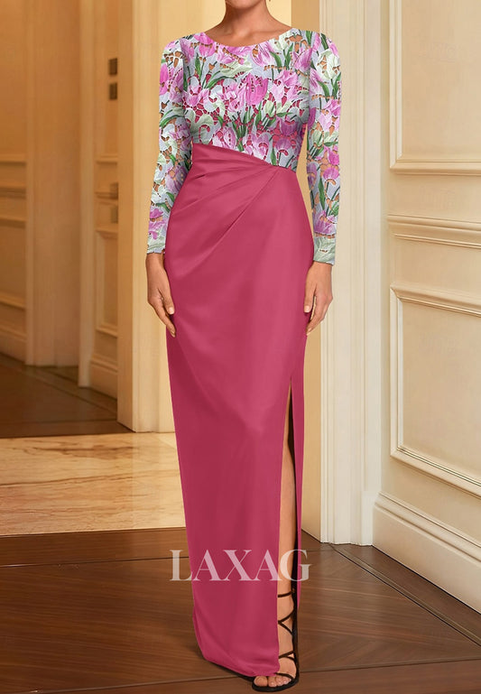 Scoop-Neck Long-Sleeves Print-Chiffon Pleated Floor-Length Mermaid Mother of the Bride Dress