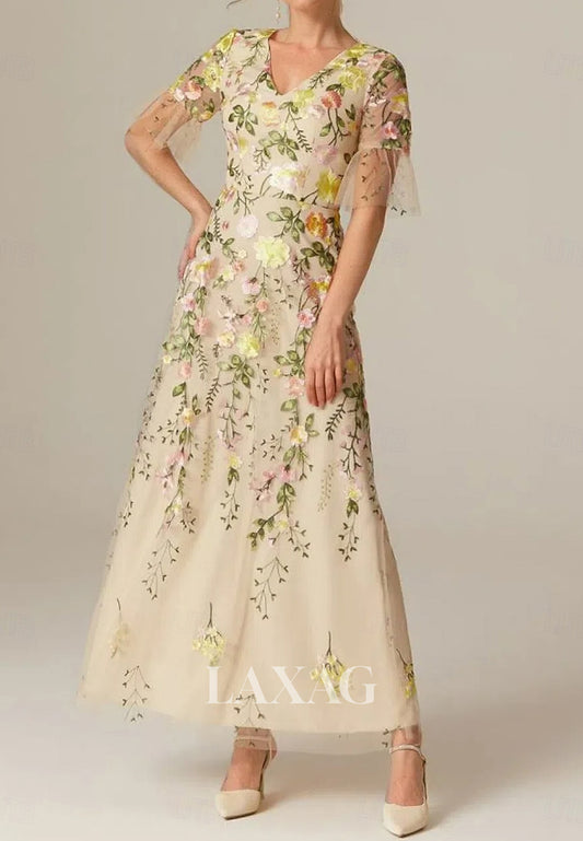 V-Neck Short-Sleeves Embroidered Tulle Ankle-Length A-Line Mother of the Bride Dress