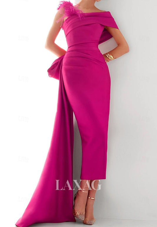 Asymmetrical-Neck Ankle-Length Satin Mermaid Evening Dress Feathered Pleated Satin Formal Gowns