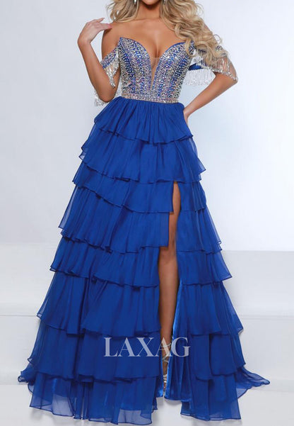 Off-Shoulder Deep V-Neck Floor-Length Beaded Sequined Chiffon Pleated Tiered A-Line Prom Dress