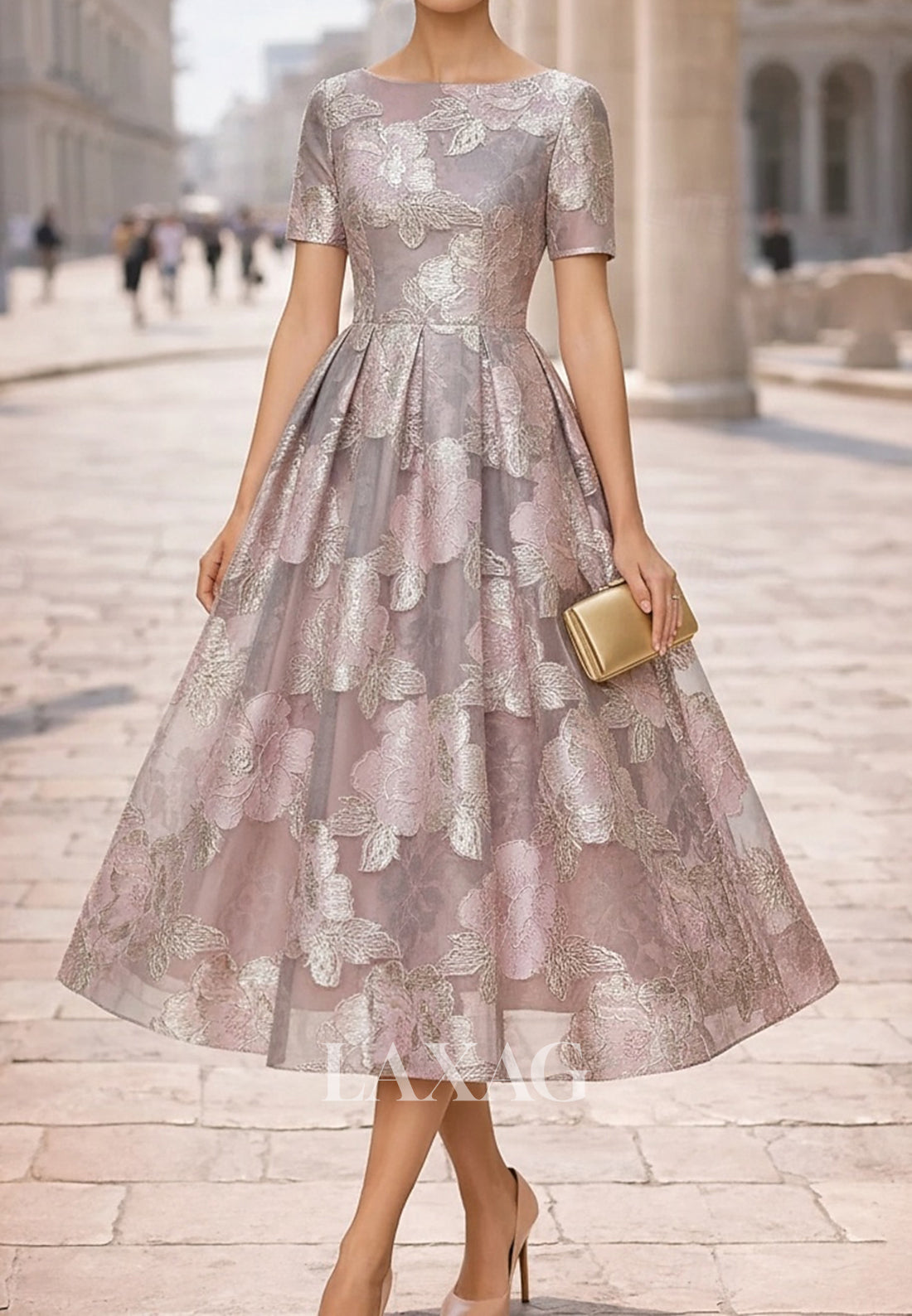 Scoop-Neck Short-Sleeves Jacquard Tulle&Satin Pleated Sheer Tea-Length A-Line Evening Dress