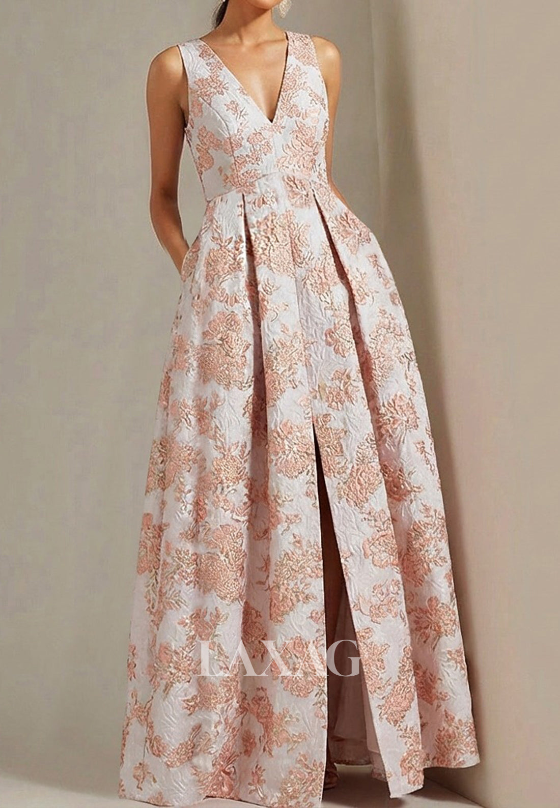 V-Neck Straps Sleeveless Jacquard Satin Pleated Floor-Length A-Line Evening Dress with Slit