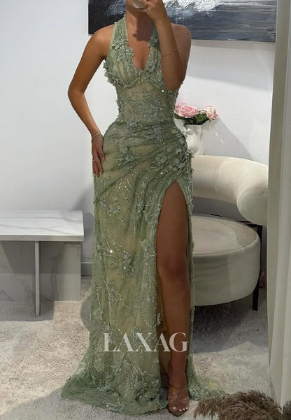 Halter V-Neck Sleeveless Floral Embellished Sequined Beaded Allover Lace Mermaid Prom Dress