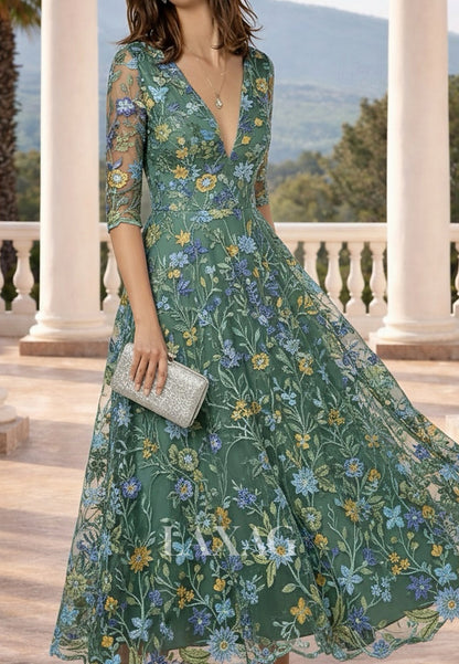 Deep V-Neck Half-Sleeves Jacquard Tulle&Satin Pleated Sheer Ankle-Length A-Line Evening Dress