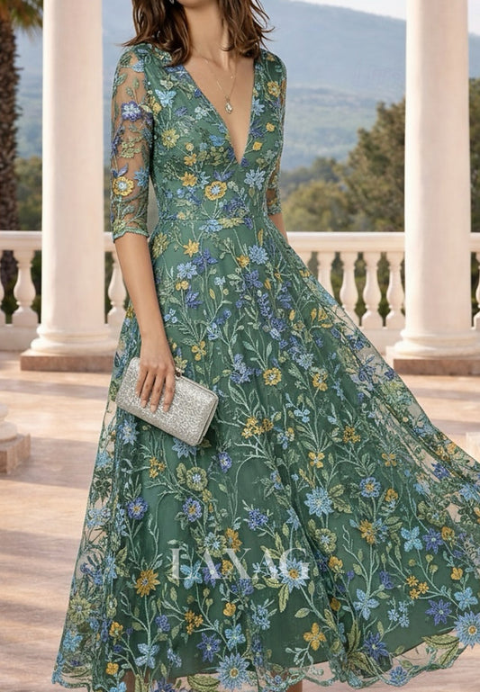 Deep V-Neck Half-Sleeves Jacquard Tulle&Satin Pleated Sheer Ankle-Length A-Line Evening Dress