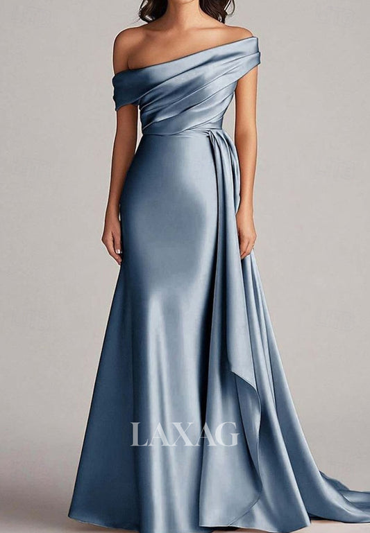 Off-Shoulder Asymmetrical-Neck Sleeveless Satin Pleated Floor-Length Mermaid Evening Dress