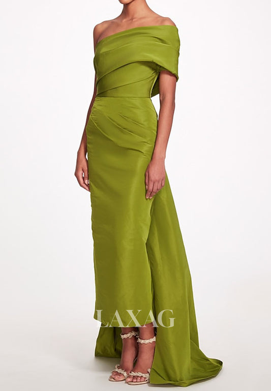 Asymmetrical-Neck Off-Shoulder Sleeveless Pleated Satin Ankle-Length Mermaid Formal Evening Dress