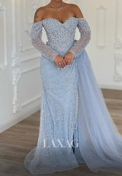 Sweetheart Long-Sleeves Fully Sequined Pearls Pleated Tulle Mermaid Formal Evening Dress