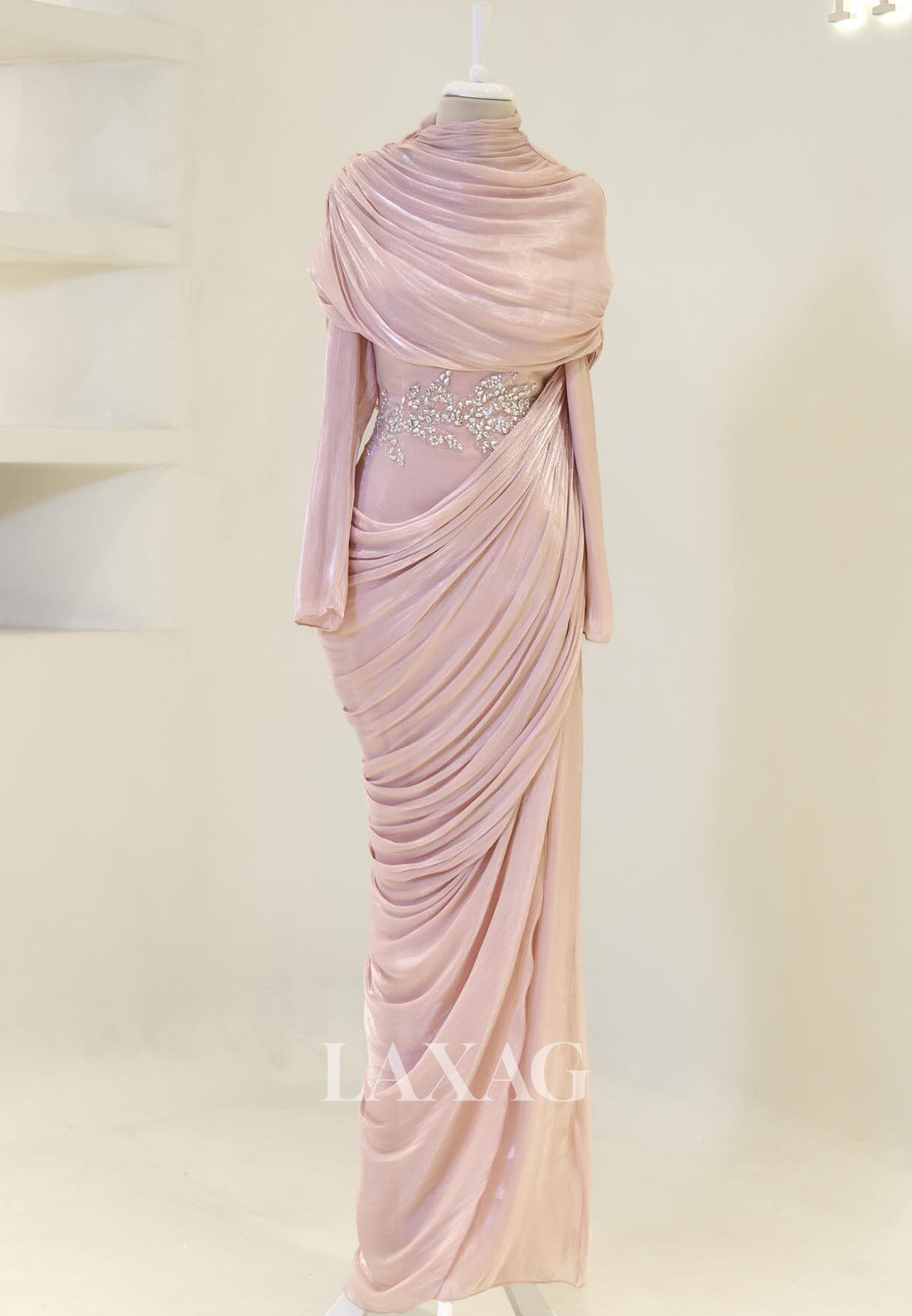 Scoop-Neck Long-Sleeves Rhinestone Beaded Chiffon Pleated Floor-Length Mermaid Evening Dress