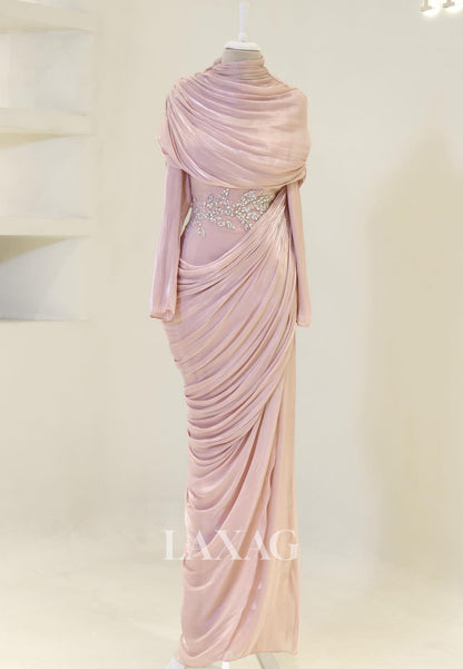 Scoop-Neck Long-Sleeves Rhinestone Beaded Chiffon Pleated Floor-Length Mermaid Evening Dress
