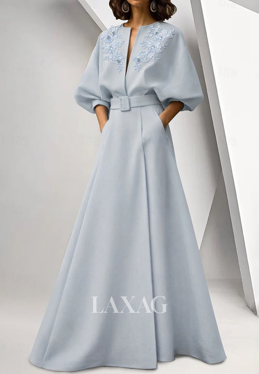Plunging V-Neck 3/4-Bell-Sleeves Floor-Length Beaded Applique Satin A-Line Evening Dress