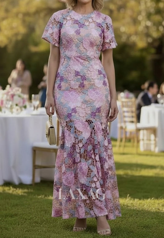 Scoop-Neck Short-Sleeves Embroidered Floor-Length Mermaid Mother of the Bride Dress