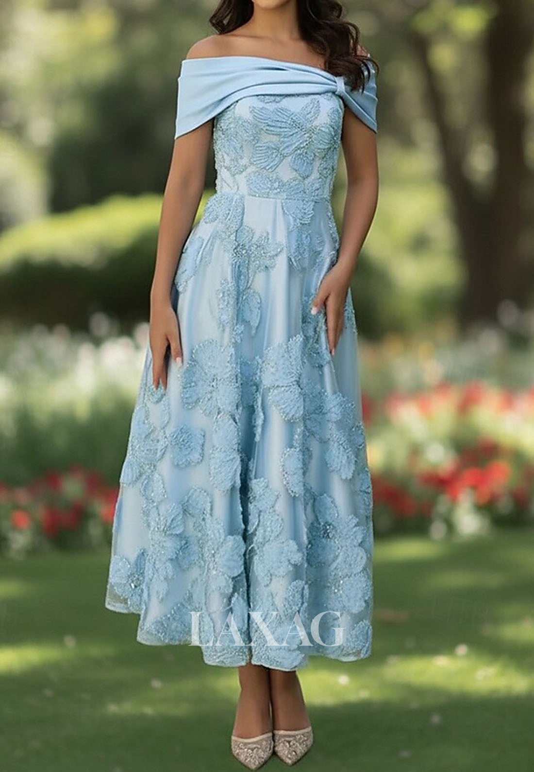 Asymmetrical-Neck Beaded Floral-Applique A-Line Evening Dress Off-Shoulder Satin Pleated Formal Gowns