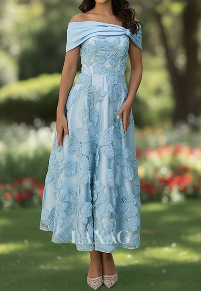 Asymmetrical-Neck Beaded Floral-Applique A-Line Evening Dress Off-Shoulder Satin Pleated Formal Gowns